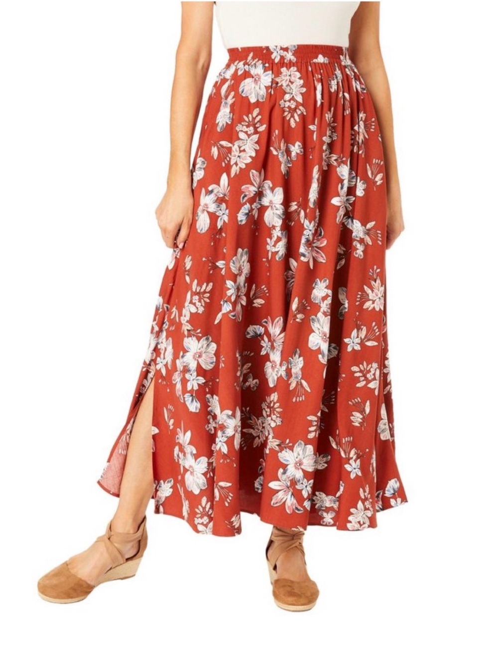 Woman Within 100% Rayon Floral Elastic Waist Maxi Skirt Size 28W